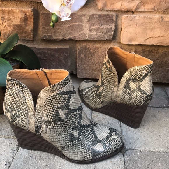 snakeskin wedge booties